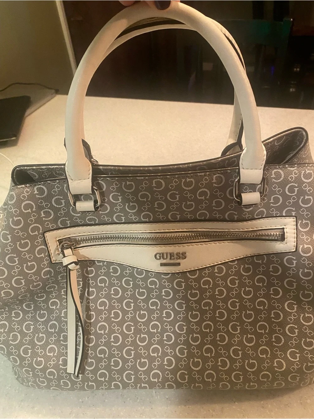 GUESS Gray Monogram Satchel with Cream Trim